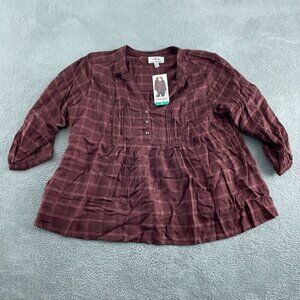 Wrangler Womens Plaid Burgundy Blouse XL 3/4 Sleeve Button-Front NWT 5535